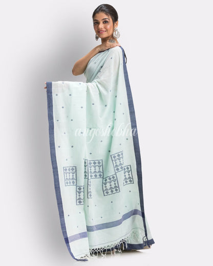 Middle Blue Green Handloom Cotton Jamdani saree angoshobha