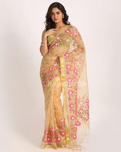 Muga Art Silk Muslin Handloom Embroidery Saree angoshobha