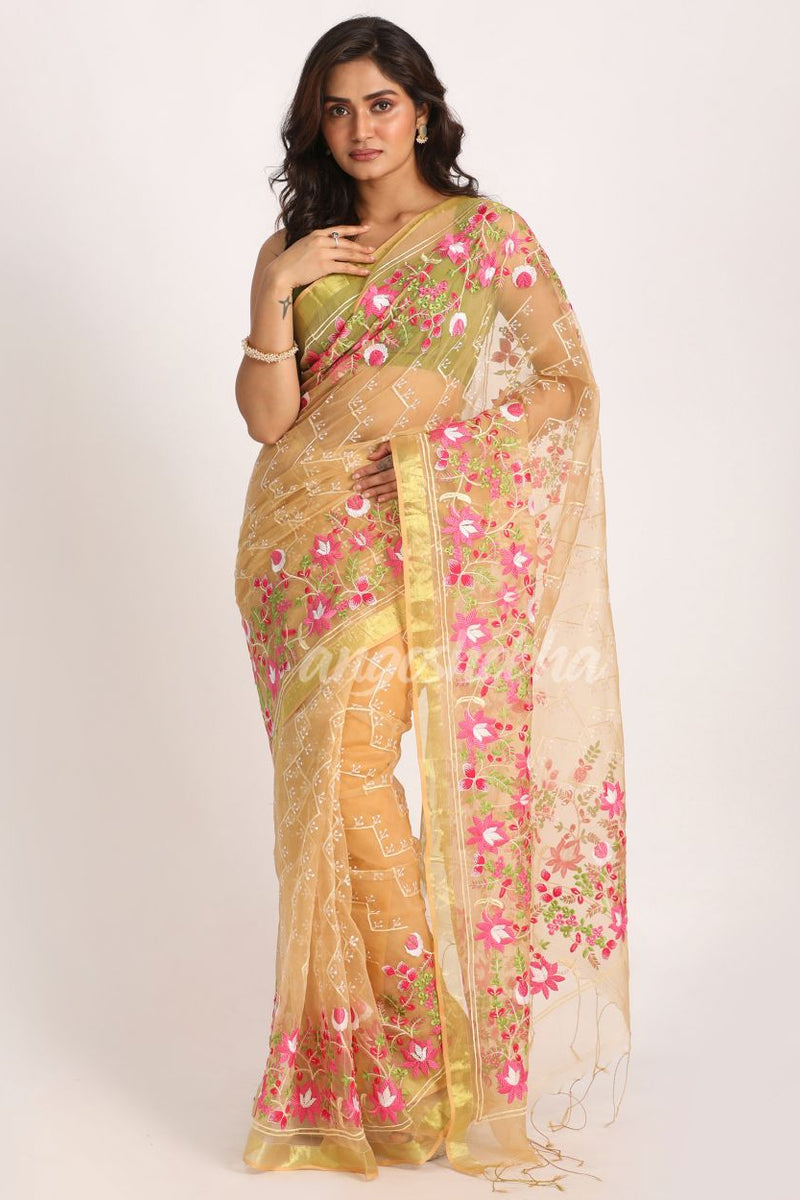Muga Art Silk Muslin Handloom Embroidery Saree
