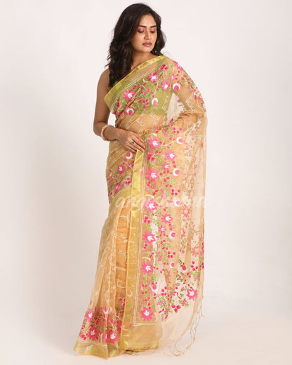 Muga Art Silk Muslin Handloom Embroidery Saree angoshobha