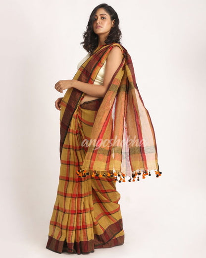 Muga Red Traditional Check Linen Handloom Saree angoshobha