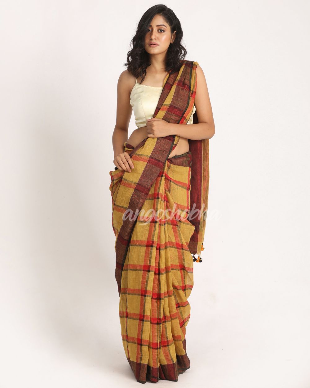 Muga Red Traditional Check Linen Handloom Saree angoshobha