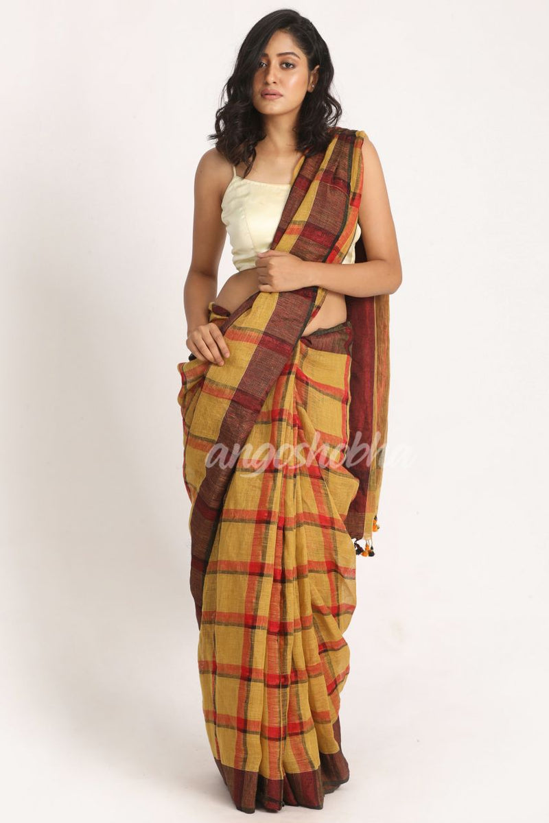 Muga Red Traditional Check Linen Handloom Saree
