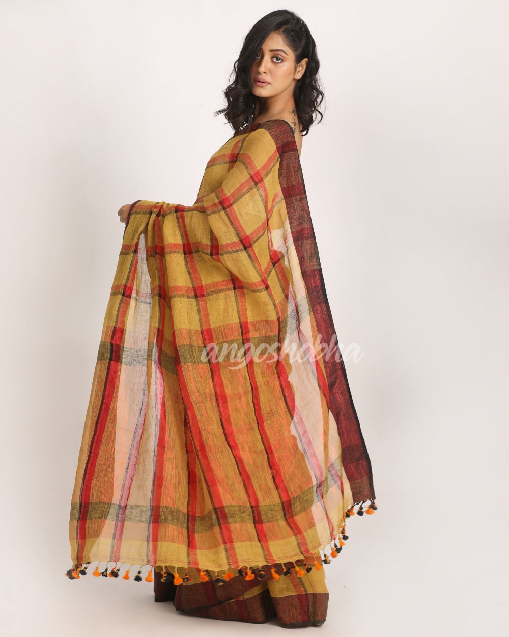 Muga Red Traditional Check Linen Handloom Saree angoshobha