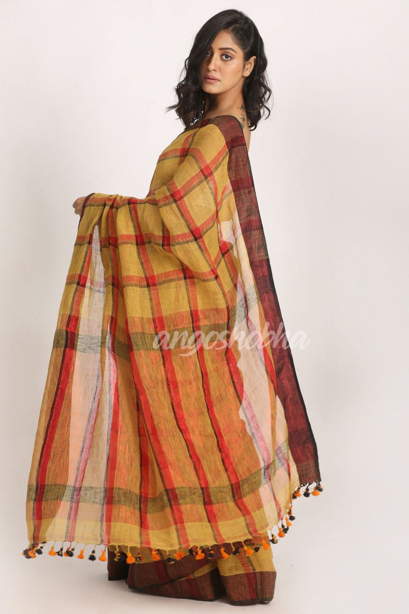 Muga Red Traditional Check Linen Handloom Saree