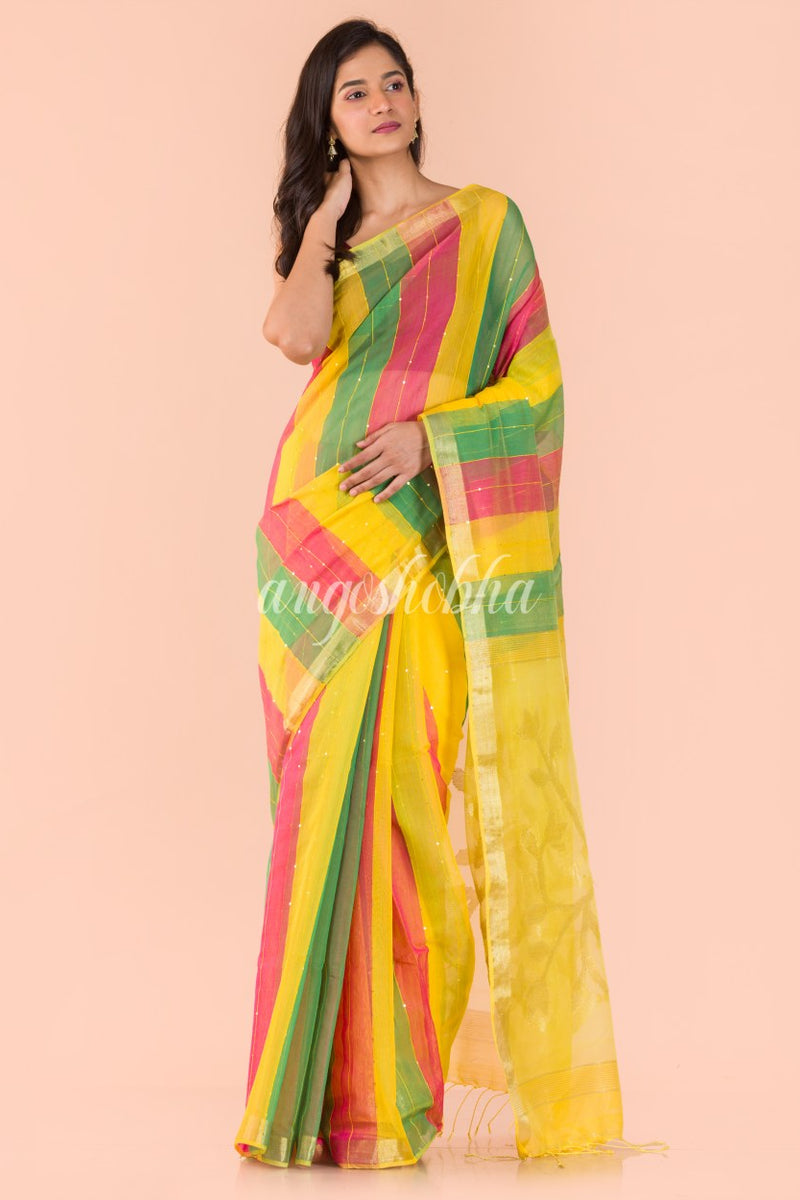 Multicolor Blended Cotton Sequins Jamdani Saree