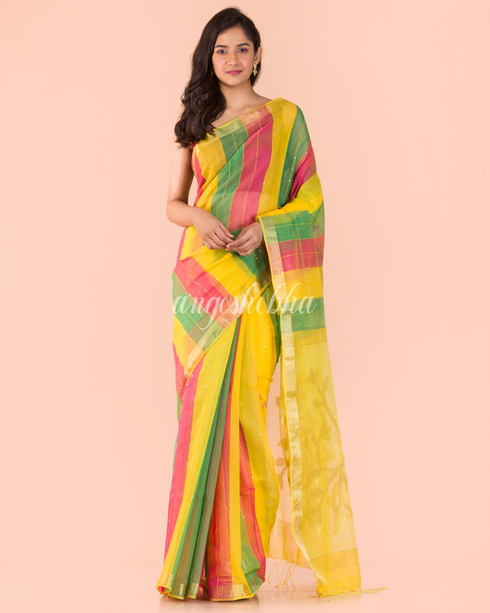Multicolor Blended Cotton Sequins Jamdani Saree angoshobha