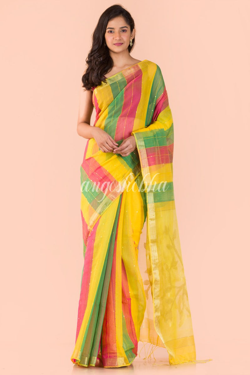 Multicolor Blended Cotton Sequins Jamdani Saree