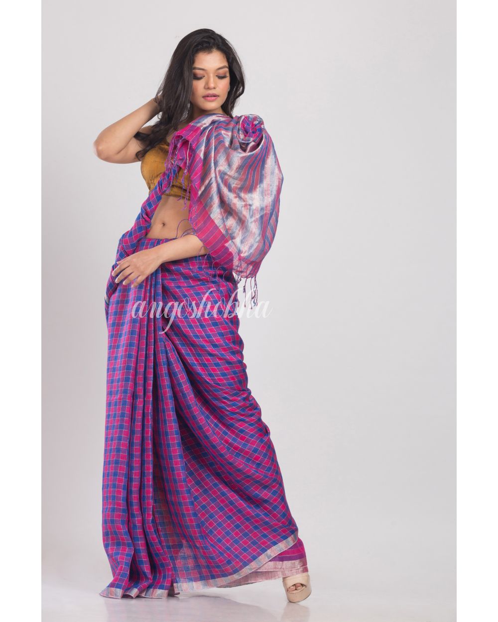 Multicolor Handwoven Linen Saree angoshobha