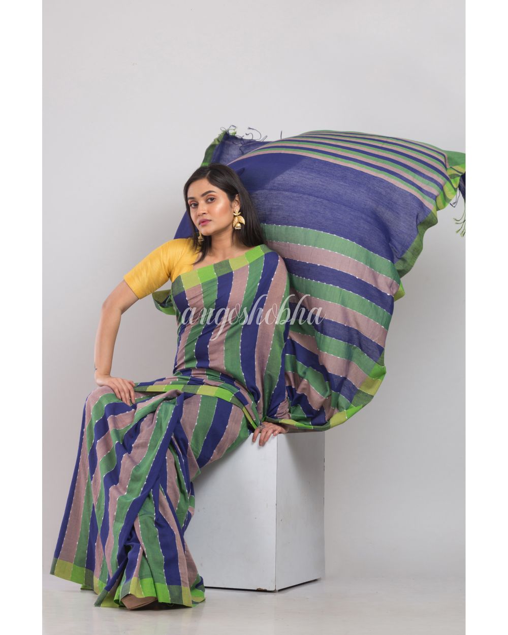 Multicolor handloom Cotton saree angoshobha