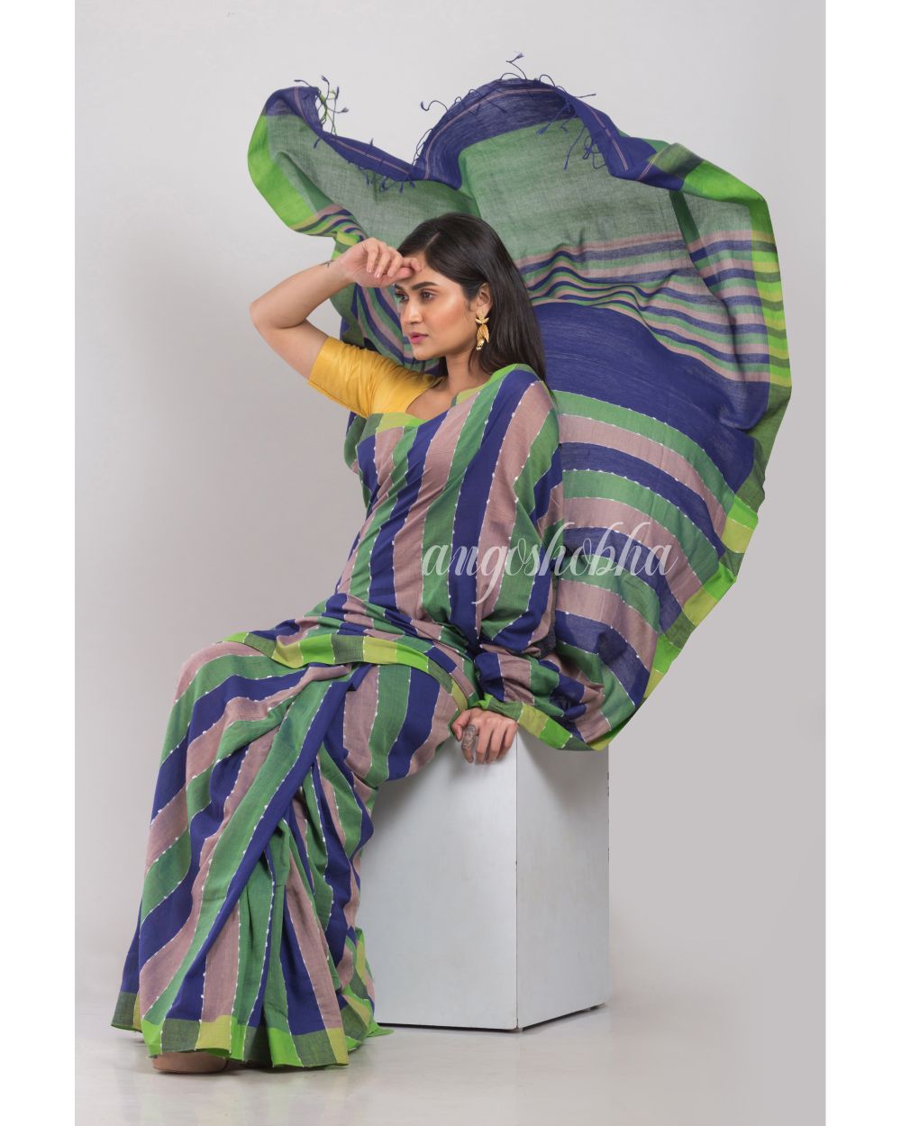 Multicolor handloom Cotton saree angoshobha