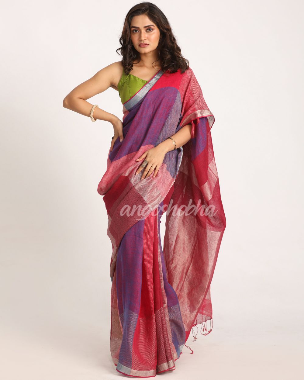 Multicolour Handloom Linen Saree angoshobha