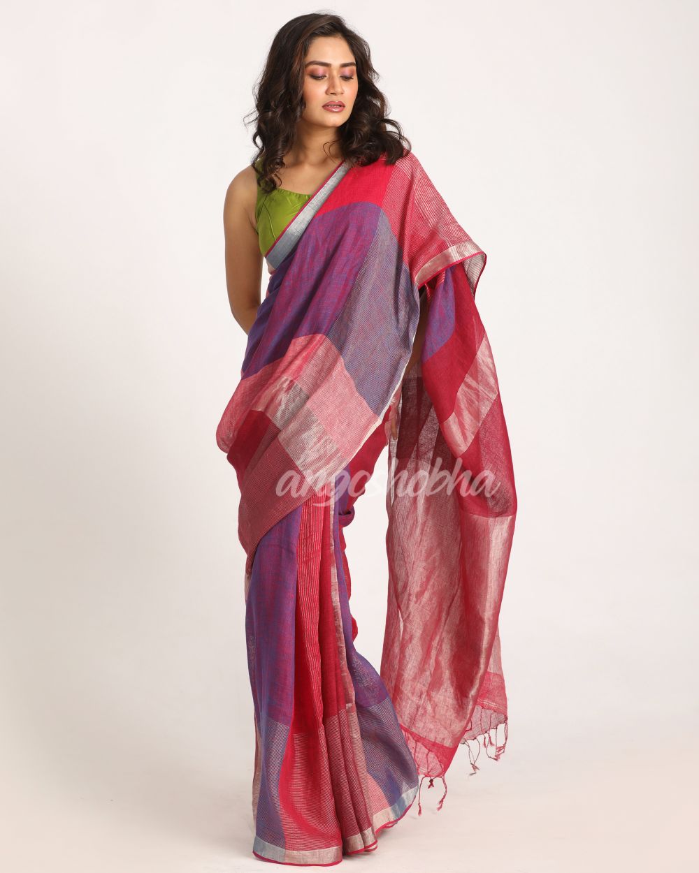 Multicolour Handloom Linen Saree angoshobha