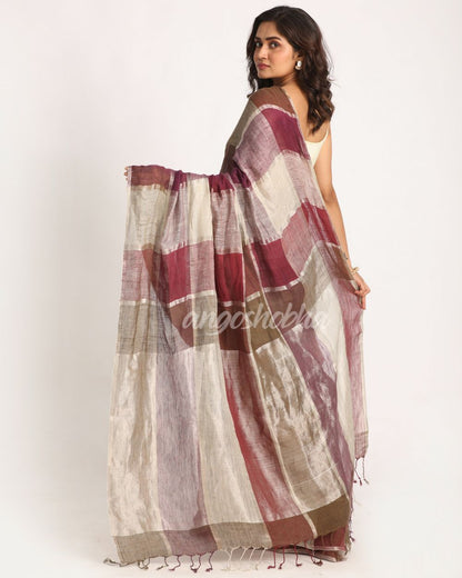 Multicolour Traditional Handloom Check Linen Saree angoshobha