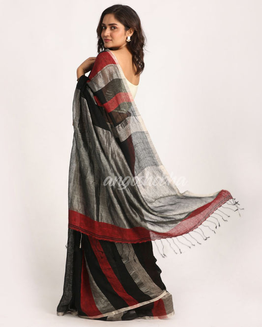 Multicolour Traditional Handloom Check Linen Saree angoshobha