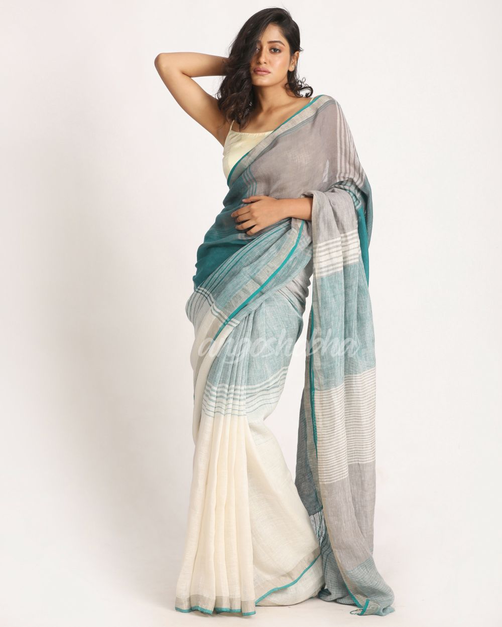 Multicolour Traditional Handloom Check Linen Saree angoshobha