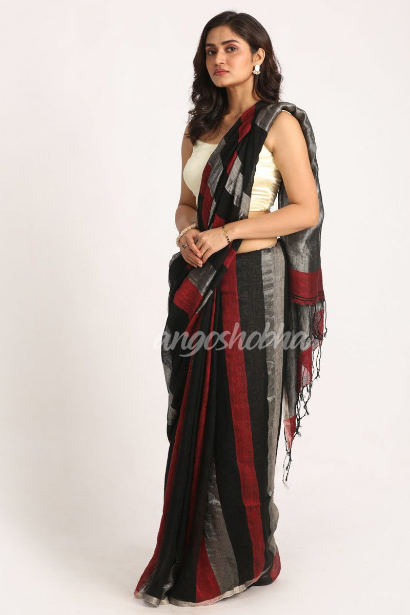 Multicolour Traditional Handloom Check Linen Saree