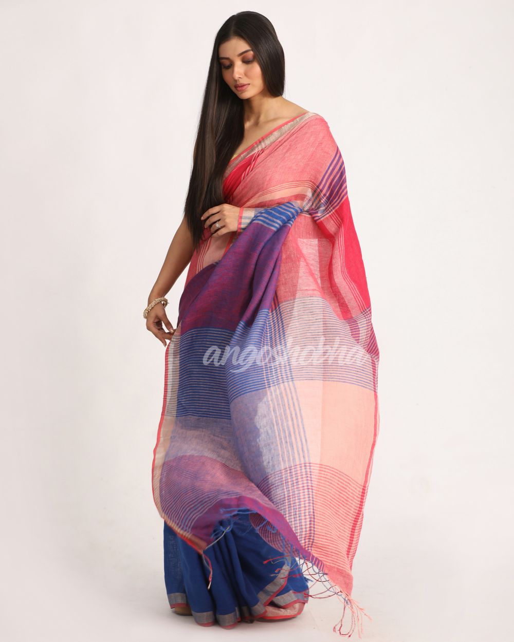 Multicolour Traditional Handloom Check Linen Saree angoshobha