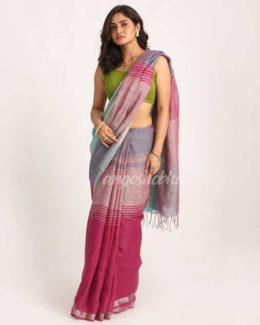 Multicolour Traditional Handloom Check Linen Saree angoshobha