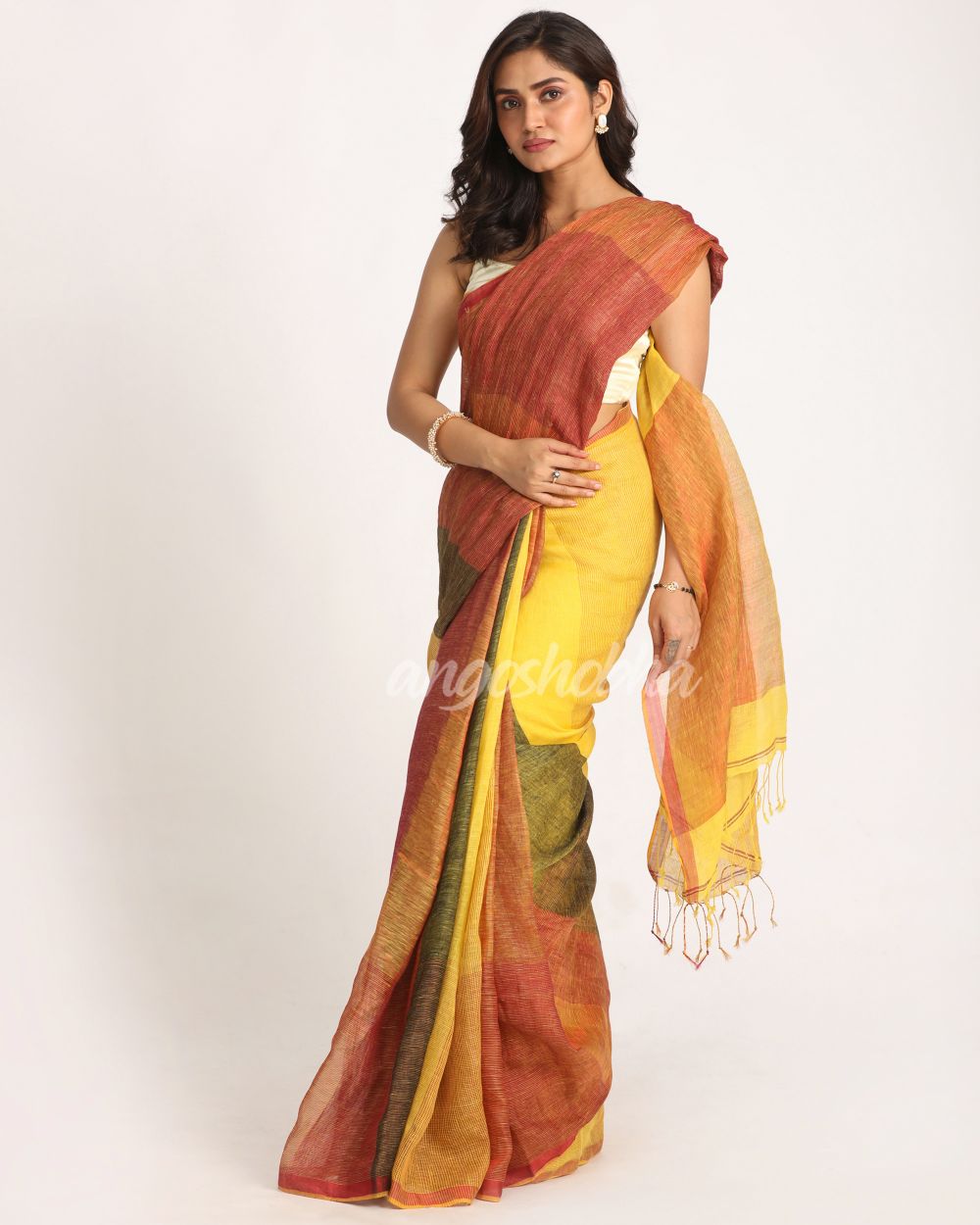 Multicolour Traditional Handloom Check Linen Saree angoshobha