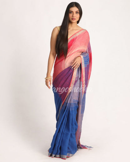 Multicolour Traditional Handloom Check Linen Saree angoshobha