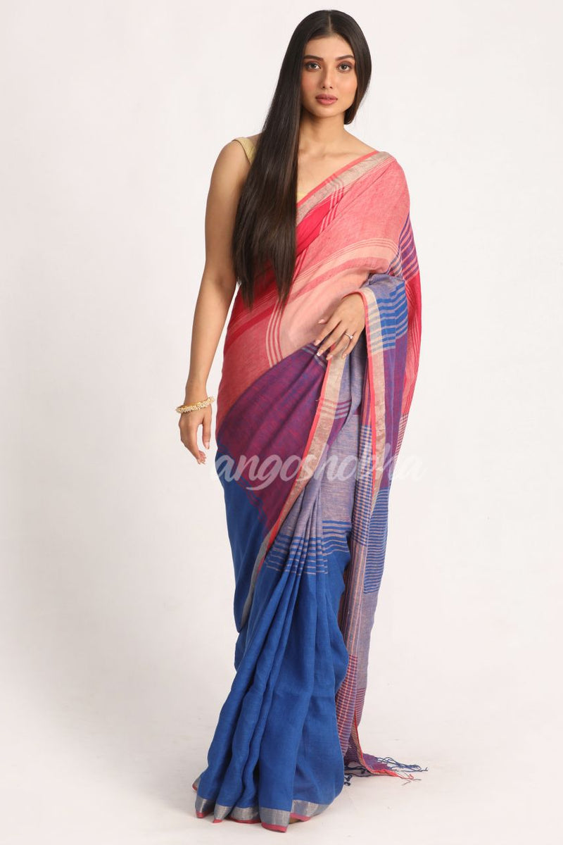 Multicolour Traditional Handloom Check Linen Saree