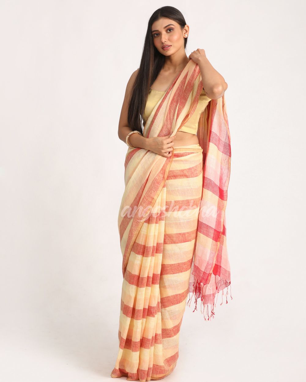 Multicolour Traditional Handloom Check Linen Saree angoshobha