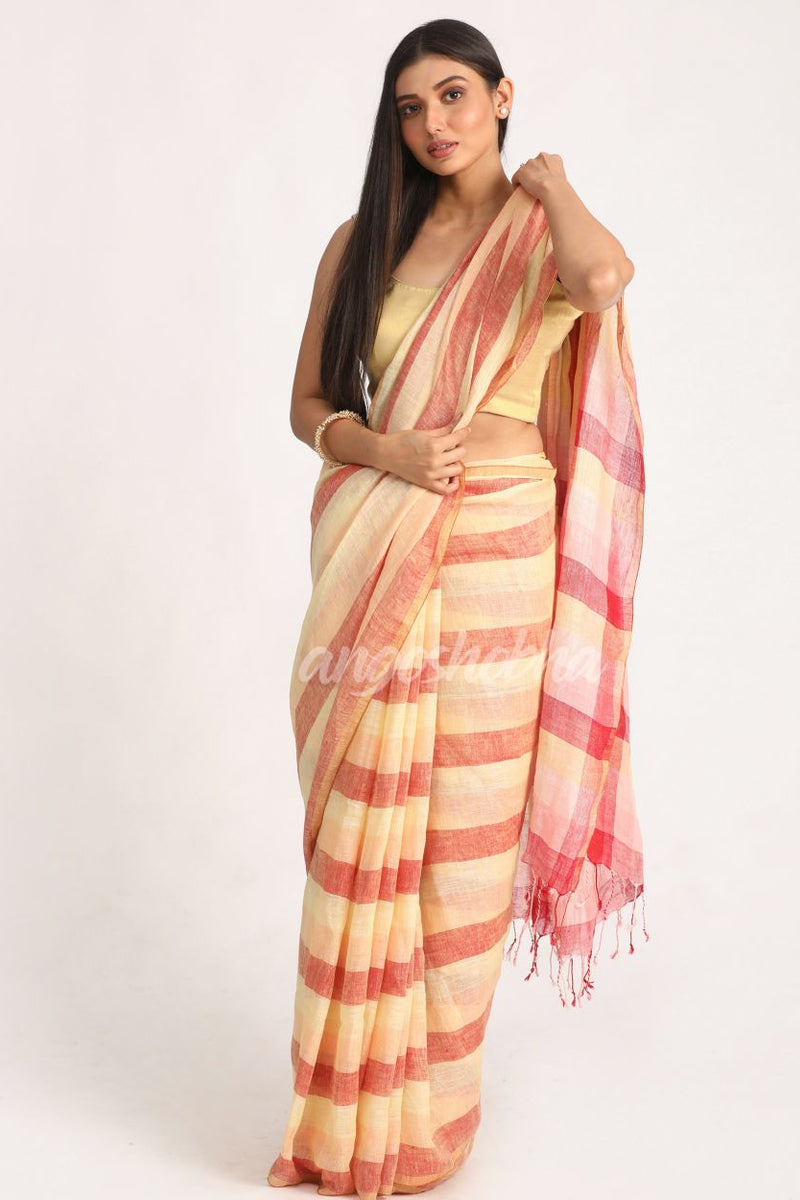 Multicolour Traditional Handloom Check Linen Saree