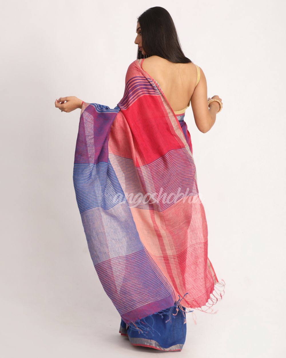 Multicolour Traditional Handloom Check Linen Saree angoshobha