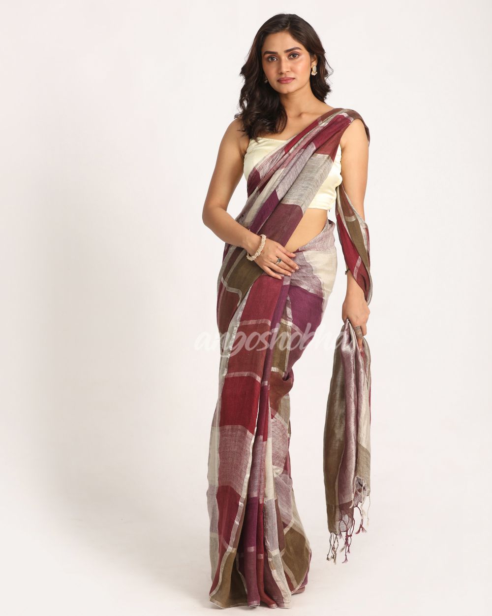 Multicolour Traditional Handloom Check Linen Saree angoshobha