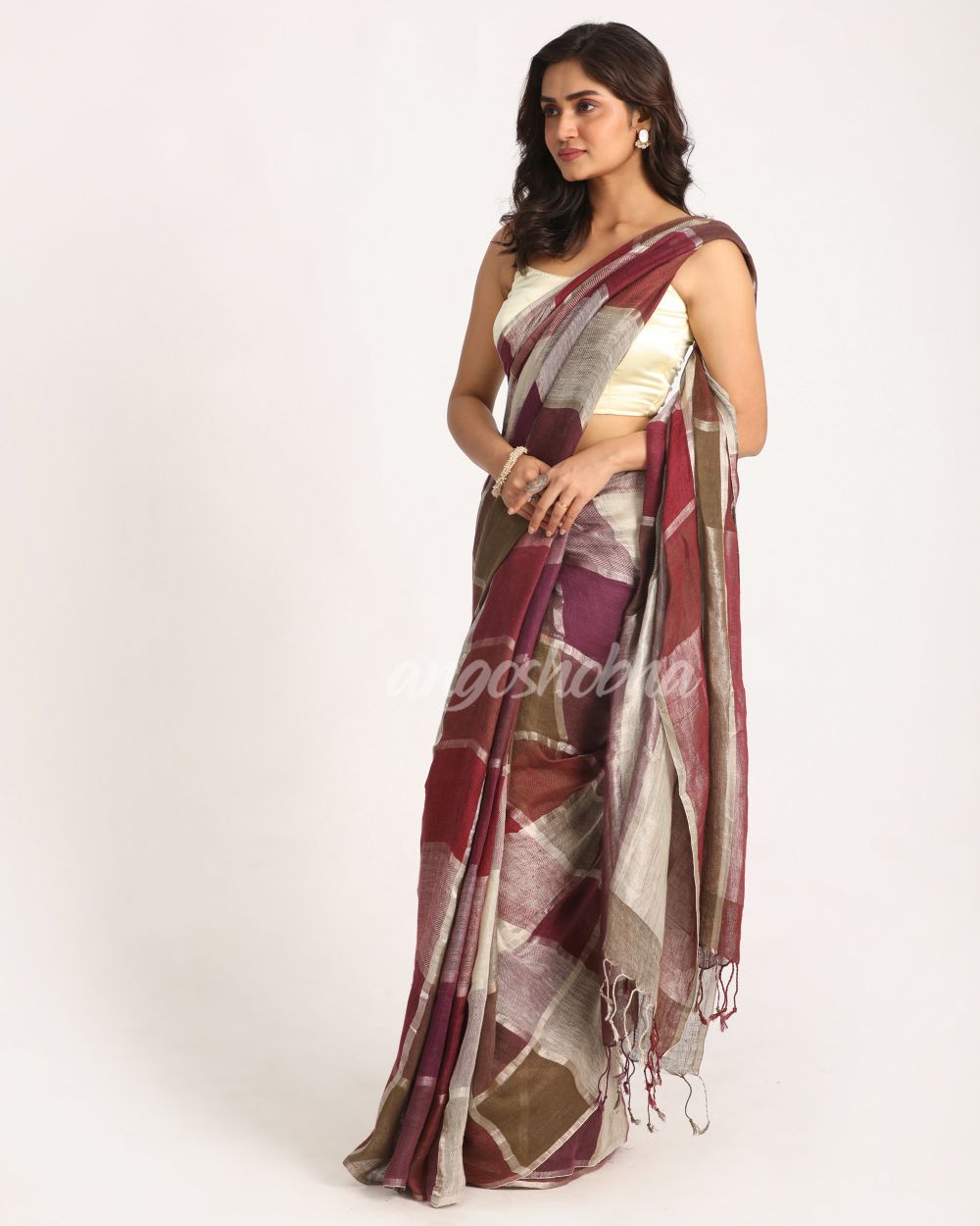 Multicolour Traditional Handloom Check Linen Saree angoshobha