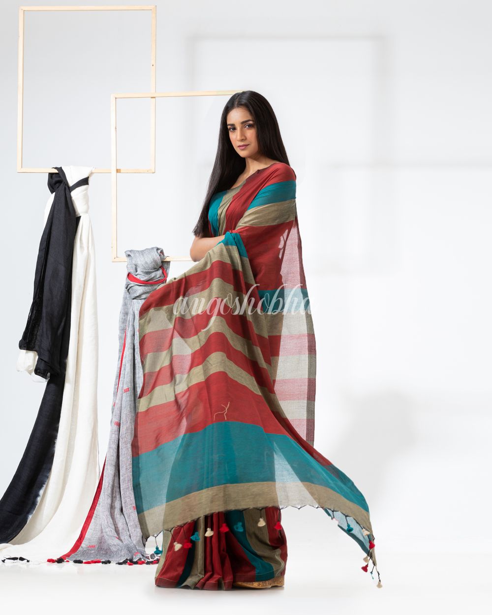 Multicolour handloom bengal cotton saree angoshobha