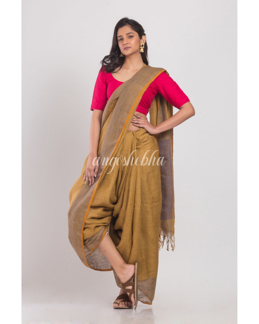 Mustard Brown Handwoven Linen Saree angoshobha