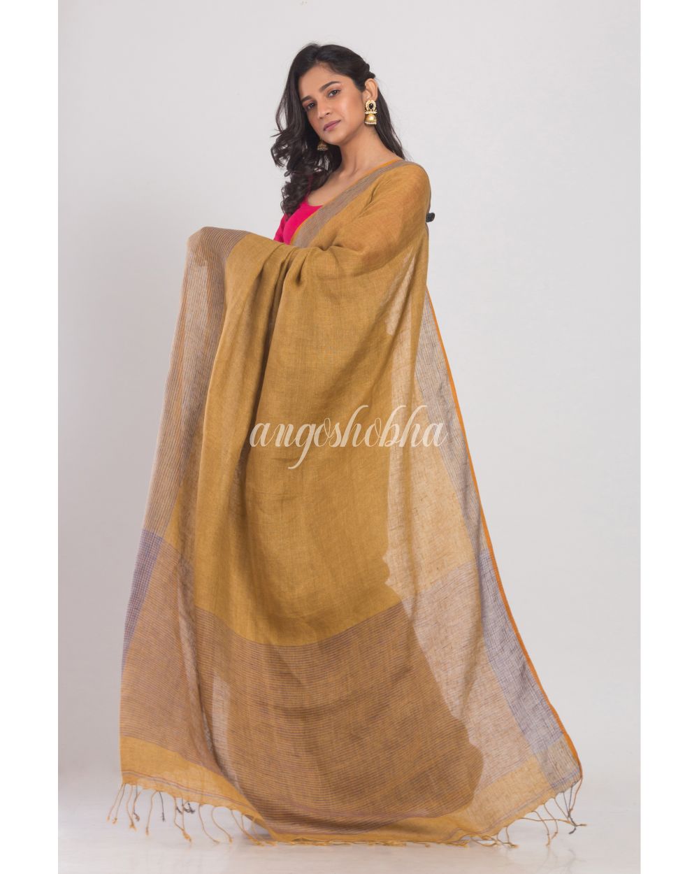 Mustard Brown Handwoven Linen Saree angoshobha