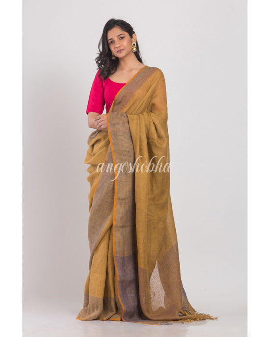 Mustard Brown Handwoven Linen Saree angoshobha