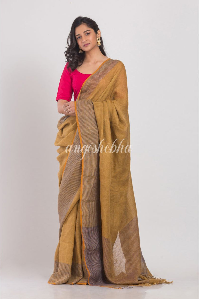 Mustard Brown Handwoven Linen Saree