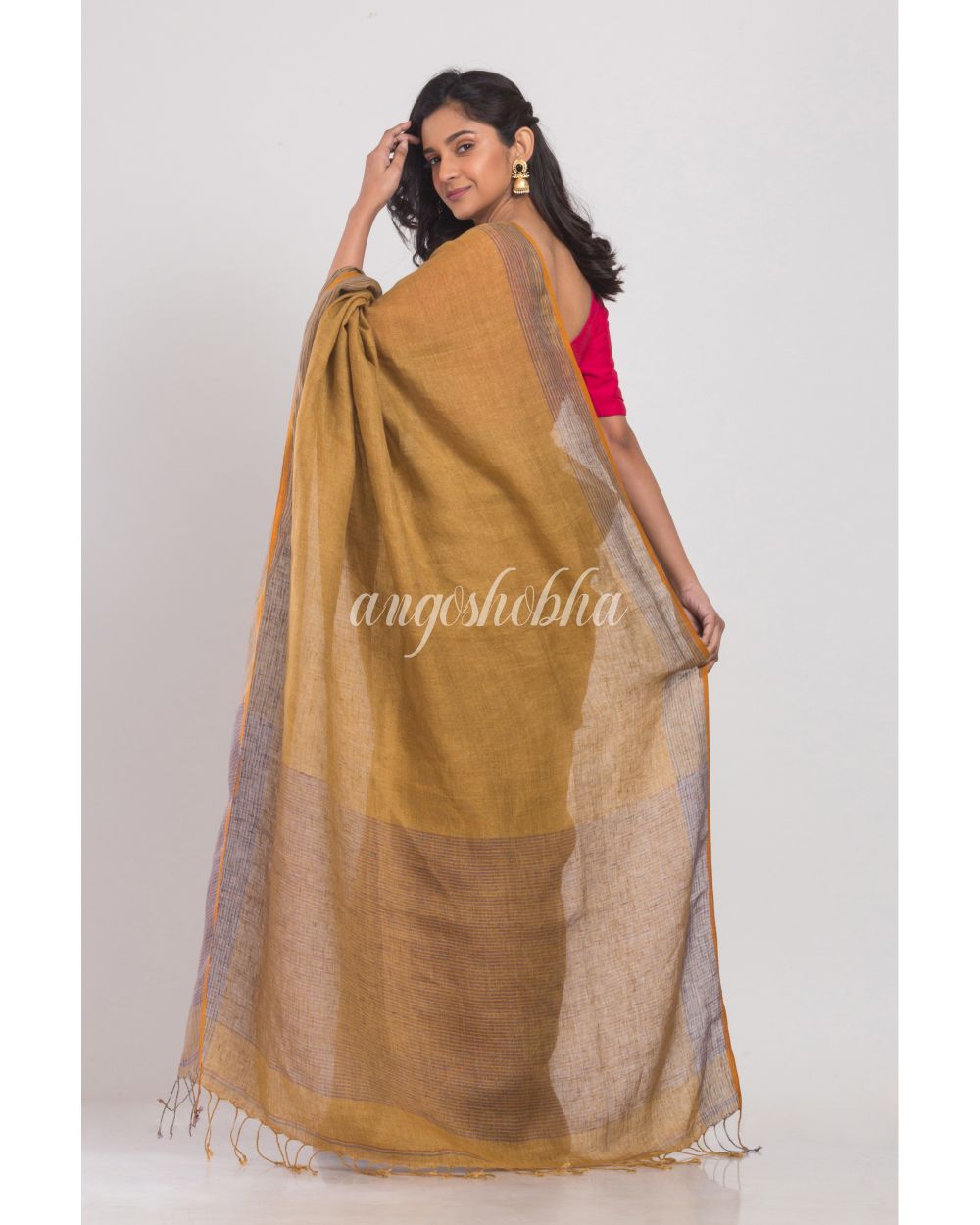 Mustard Brown Handwoven Linen Saree angoshobha