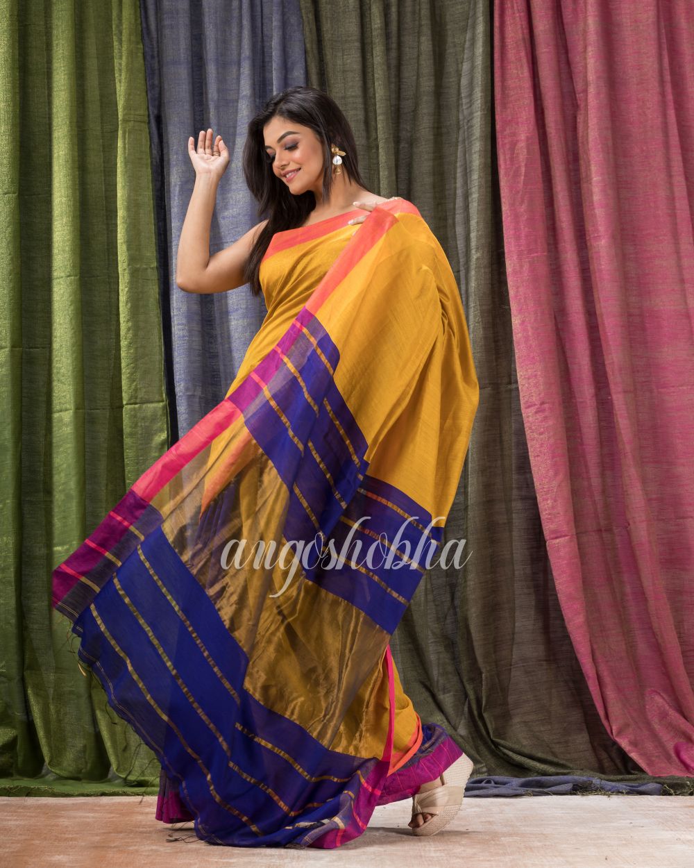 Mustard Royeal Blue Cotton Blend Handloom Saree angoshobha