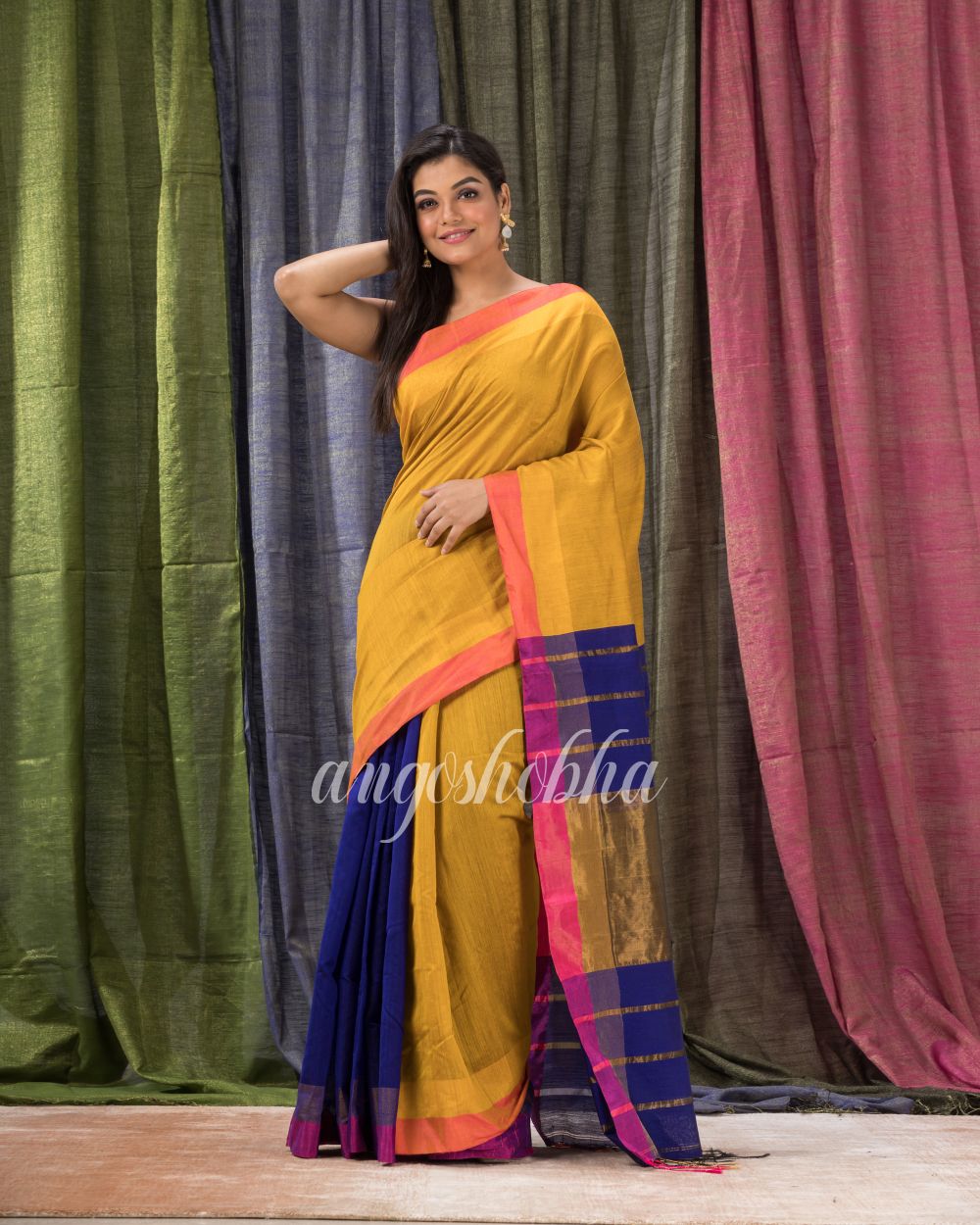 Mustard Royeal Blue Cotton Blend Handloom Saree angoshobha
