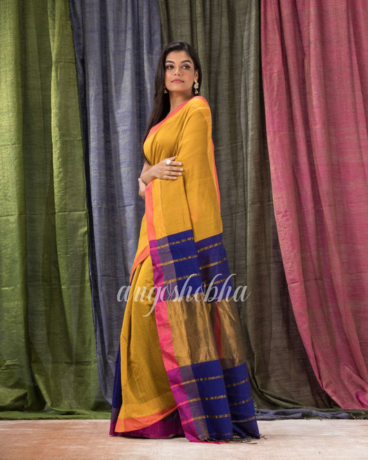 Mustard Royeal Blue Cotton Blend Handloom Saree angoshobha