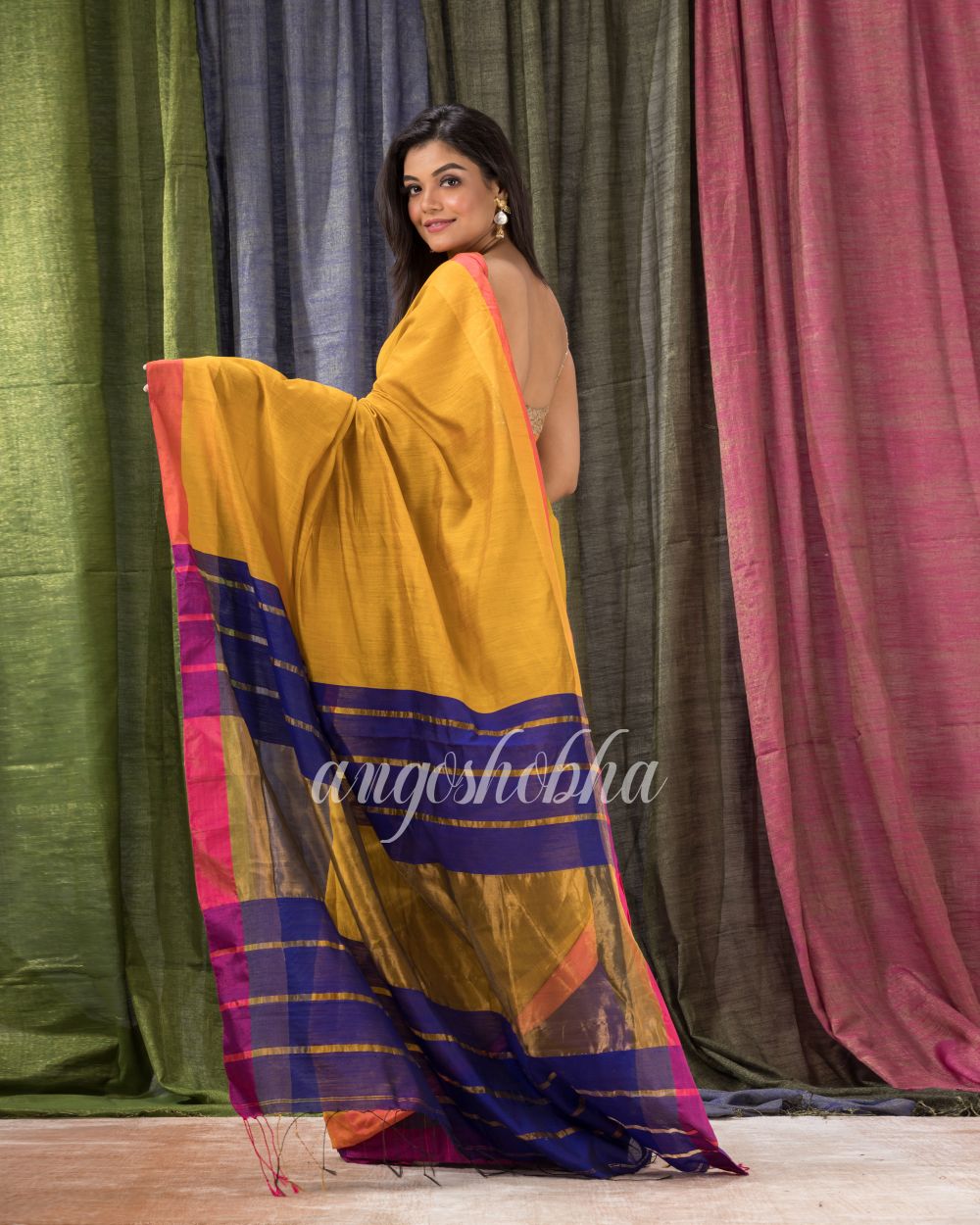Mustard Royeal Blue Cotton Blend Handloom Saree angoshobha