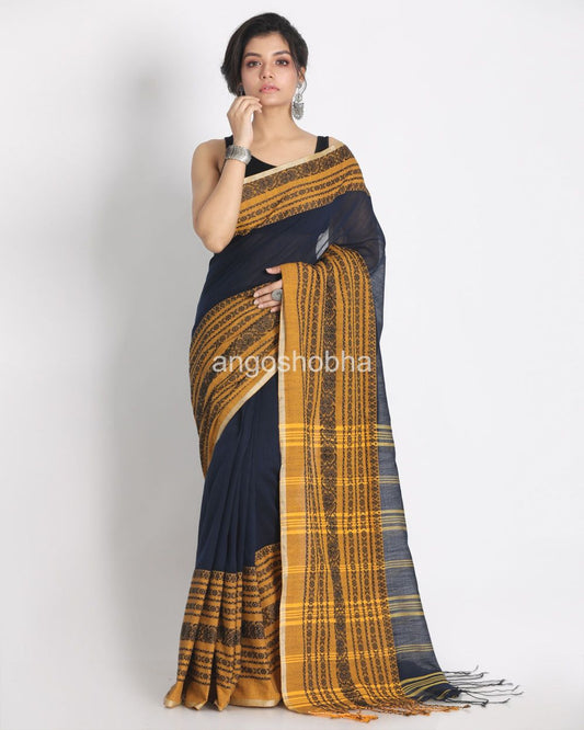 Navy Blue Begampuri Handspun Cotton Saree angoshobha