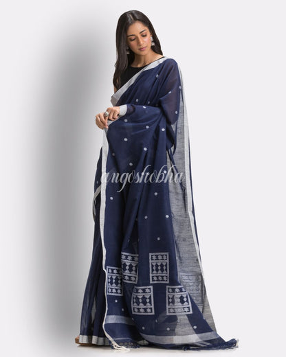 Navy Blue Handloom Cotton Jamdani Saree angoshobha