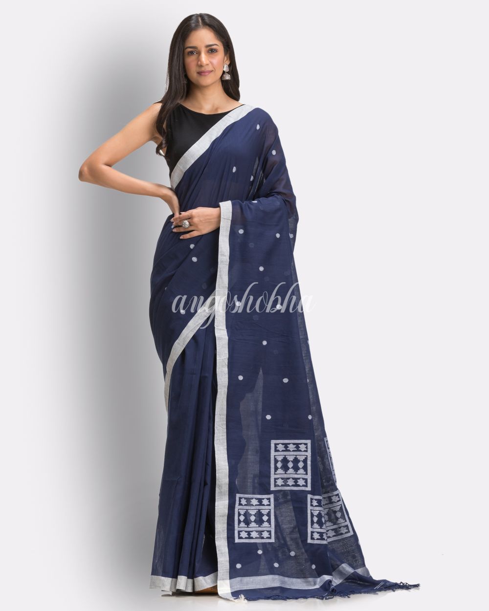 Navy Blue Handloom Cotton Jamdani Saree angoshobha