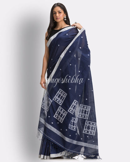 Navy Blue Handloom Cotton Jamdani Saree angoshobha