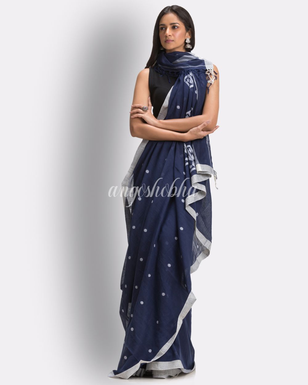 Navy Blue Handloom Cotton Jamdani Saree angoshobha