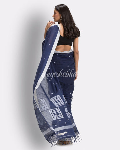 Navy Blue Handloom Cotton Jamdani Saree angoshobha