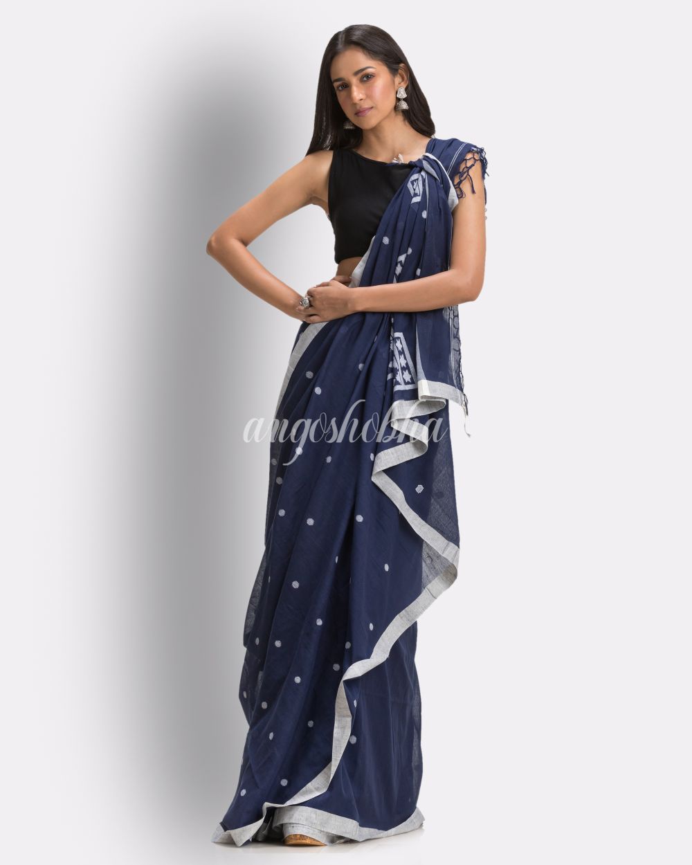 Navy Blue Handloom Cotton Jamdani Saree angoshobha