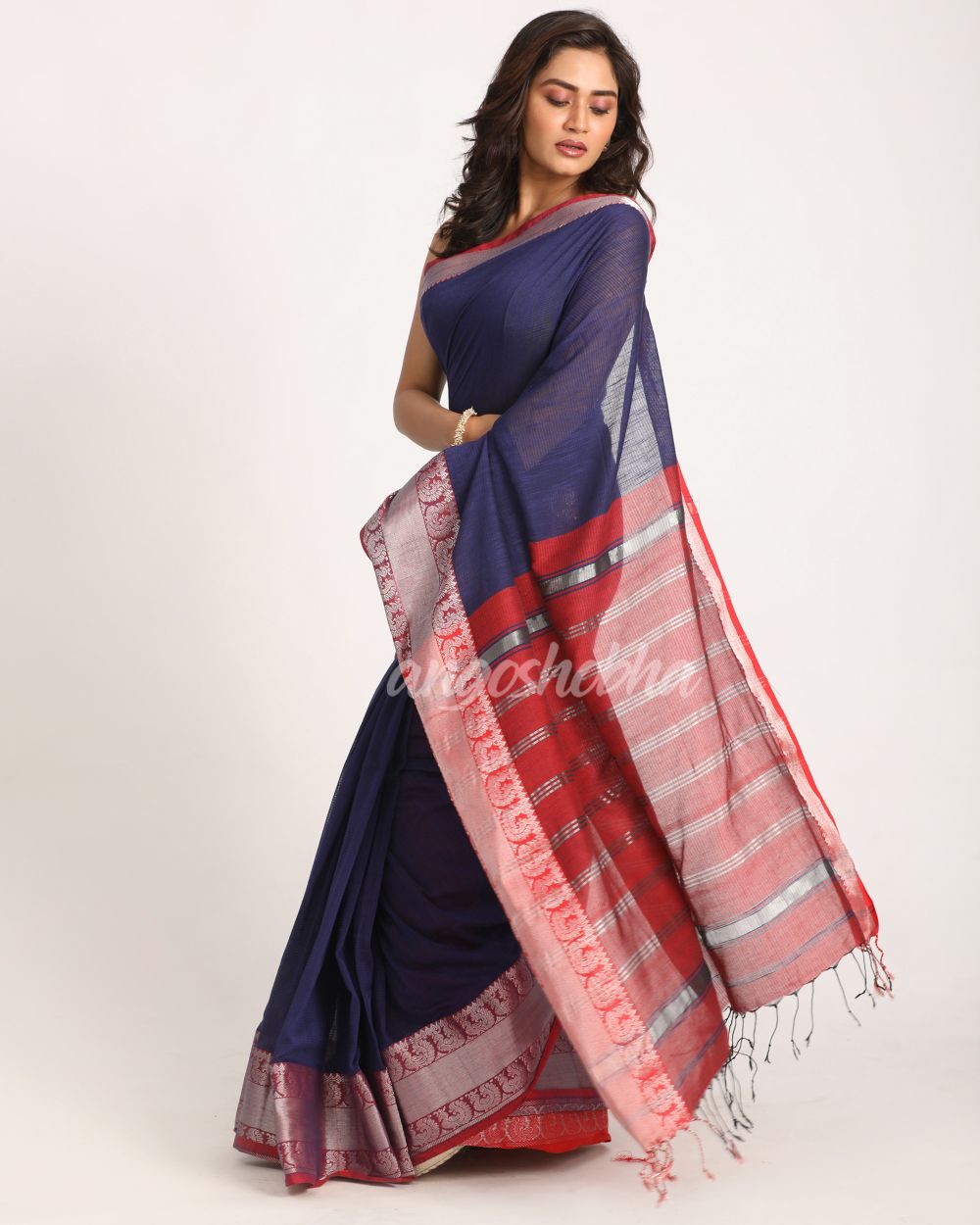 Navy Blue Handloom Cotton Tangail Saree angoshobha