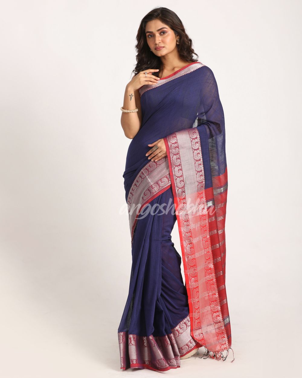 Navy Blue Handloom Cotton Tangail Saree angoshobha